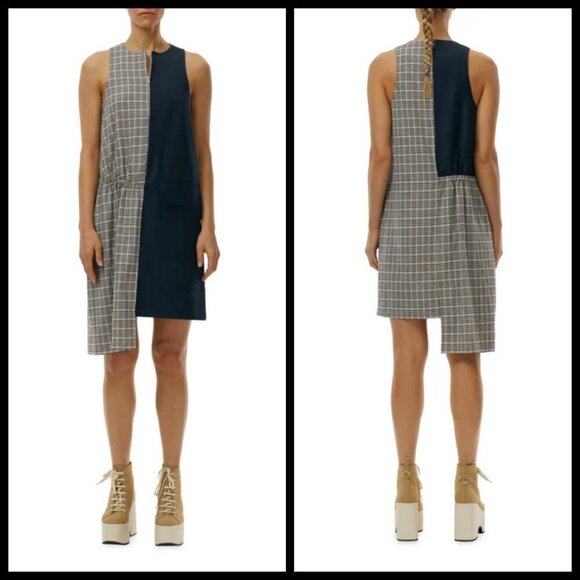 💕TIBI💕 Sana Check Colorblock Sleeveless Midi Dress Recycled Wool Blend Shift 6 - Picture 10 of 16